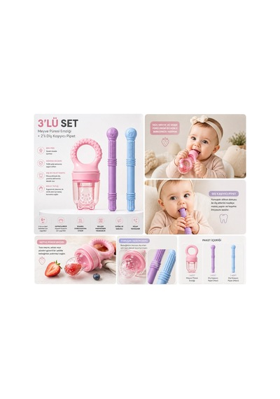 3 Parça Bebek Seti Meyve Emziği + 2 Adet Diş Kaşıyıcı Pembe