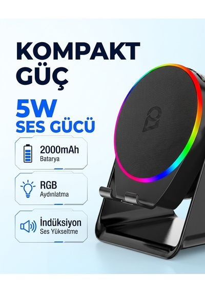 Buradabulabilirsin S10 5w Bluetooth + Temasıyla Ses Yükselten İndüksiyon Hoparlör 2000 Mah Rgb Işıklı Standlı 5in Speaker Bbz