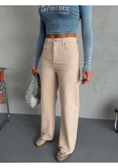 Bej Denım Kumaş Wide-leg Pantolon Bej