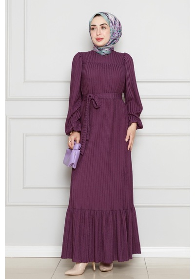 Sevitli Robalı Sahra Tesettür Elbise-mürdüm-4592 Mürdüm