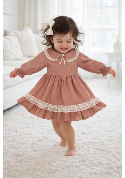 Babyhola Bayramlık Kız Bebek Elbise Dantel İşlemeli Bebe Yaka Vintage Müslin 2017 Gül Kurusu