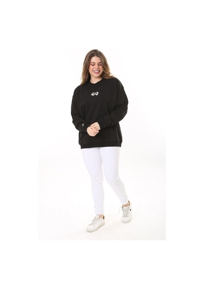 Şans Kadın Büyük Beden Siyah Pamuk Kumaş Arka Baskılı Sweatshirt 65n37618-siyah Siyah