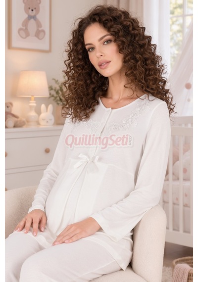 Quilling Lady Ekru Renkli, Dantel Detaylı 33209 Uzun Kol, 2 Parça Lohusa Hamile Pijama Takımı M - L