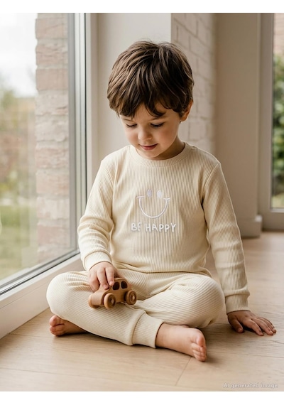 Minidamla Baby Minidamla Gülen Yüz Baskılı 1-6 Yaş Pijama Takımı - Bej