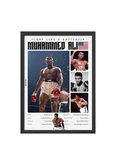 Muhammed Ali Boks Siyah Ahşap Çerçeveli Poster, Dekoratif Dövüş Duvar Tablosu