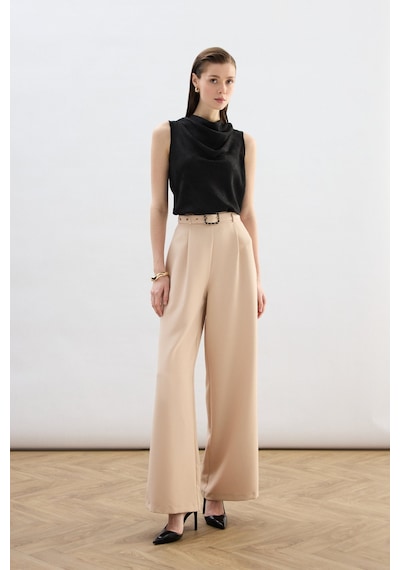 Sateen Kemerli Bol Pantolon - Bej-136821 Bej