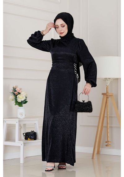 Buse Yanı Bağcıklı Saten Abiye-siyah-4996