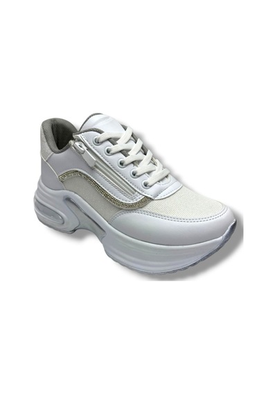 Modalendo 1511-26 Cilt Deri Simli Şeritli Anatomik Bağcıklı Kadın Sneaker Beyaz