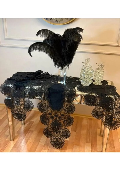 Palmiye Model Siyah 7 Parça Keten Masa Örtüsü Runner Seti Çeyizlik Salon Takımı Çok Renkli