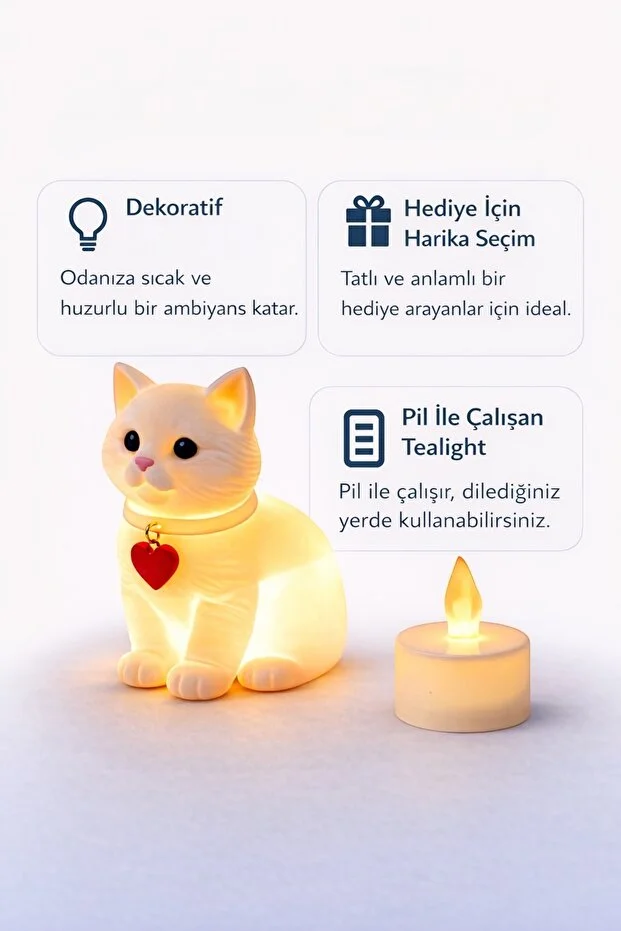 Şirin Kedi Tealight Mum Işığı Hediyelik Dekoratif Işıklı Mini Lamba Çok Renkli