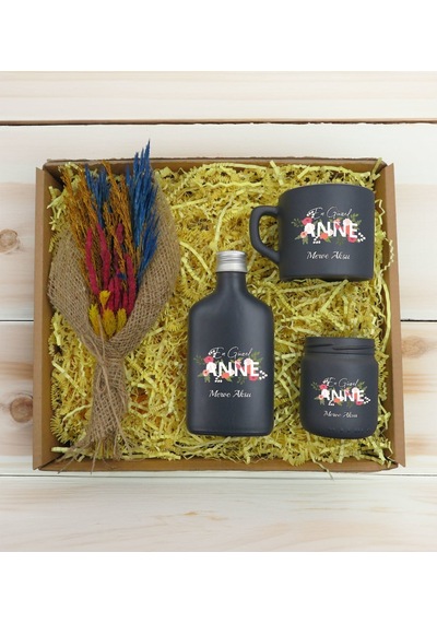 Bk Gift Kişiye Özel İsimli Dtf Anne Temalı Antrasit Kahve Fincanı & Kolonya & Mum & El Yapımı Kuru Çiçek Buketi Hediye Seti-1, Anneye Hediye, Anneler