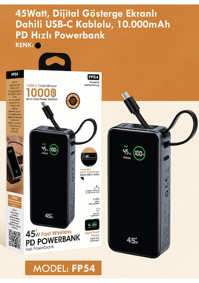10000mah Powerbank Pd 45w Hızlı Şarj Dijital Ekranlı Dahili Type-c Kablolu Taşınabilir Şarj Cihazı Siyah