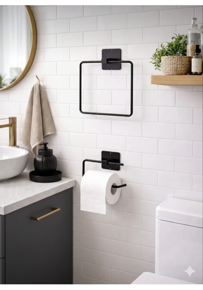 Yapışkanlı Kare Havluluk Havlu Askısı Ve Tuvalet Wc Kağıtlık Pratik Banyo 2'li Set Siyah Diğer