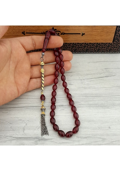 Tesbihsepetim Gümüş Pullu Püsküllü Arpa Kesim Ateş Kehribar Tesbih 5749