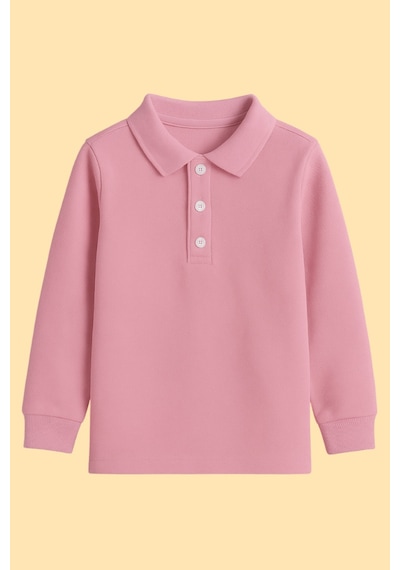 Esila Kids Çocuk Tişört Uzun Kollu Polo Yaka Tişört Seti Pamuklu Okul Üniforma Ve Tişört 5-14 Yaş 6340 Pembe