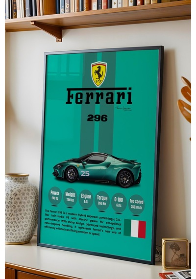 Ferrari 296 Premium Hibrit Süper Araba Tablosu - Teknik Özellikli İtalyan Otomobil Duvar Dekoru Siyah