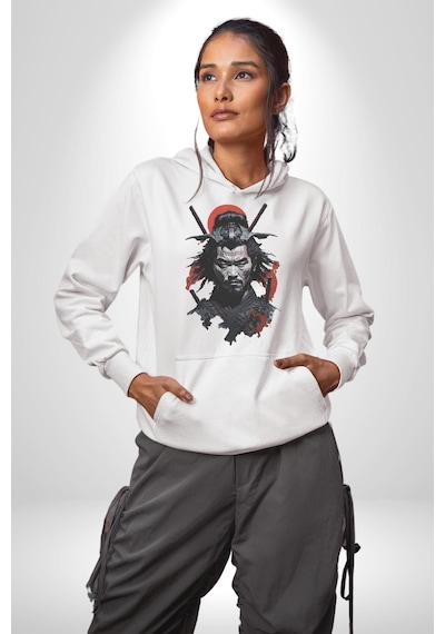 Asyalı Japon Samuray Savaşcı Kadın Erkek Beyaz Kapüşonlu Sweatshirt Hoodie Beyaz