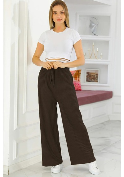 Moda Yıldız Kadın Kışlık Kalın Fitilli Kaşkorse Pijama Altı Eşofman Altı Cepsiz Kahverengi