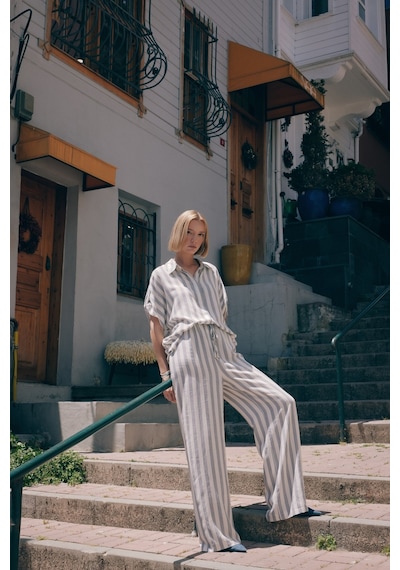 Sateen Çizgili Keten Karışımlı Pantolon - Lacivert-136316 Lacivert