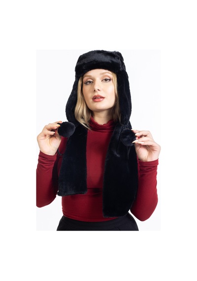 Ladycolor Peluş Kulaklı Pilot Şapka Atkılı Takım Siyah Siyah