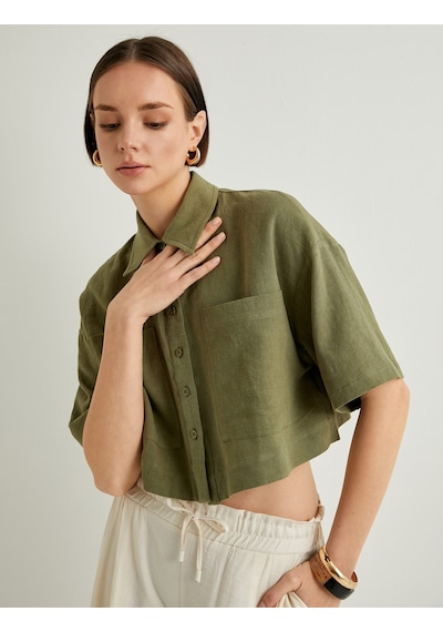Koton Crop Oversize Gömlek Viskon Keten Karışımlı Düğmeli Kısa Kollu Cepli Haki 4sak60415pw Haki Koton Crop Oversize Gömlek Viskon Keten Karışımlı Düğmeli Kısa Kollu Cepli Haki 4sak60415pw Haki