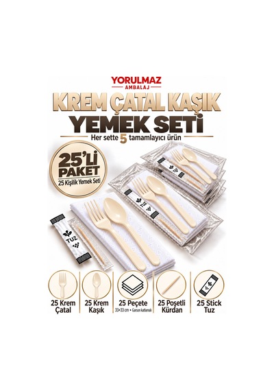 Lüks Krem Çatal Kaşık Yemek Seti 25 Kişilik 33 33 Cm Garson Katlamalı Peçete, Poşetli Kürdan Ve Stick Tuz
