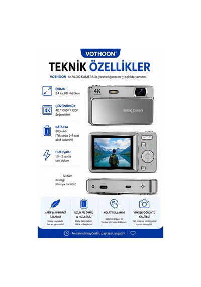 Dijital Kamera 4k Hd 48mp 8x Zoom Flaşlı Kayar Retro Video Kamera 2.4 Ekran 64gb Sd Kart Hediyeli Gümüş