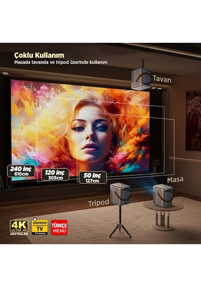 Vankyo H300A 6G Wi-Fi + BT 5.2 HiFi Dolby 240" Android TV 4K Destekli Projeksiyon Cihazı Gri