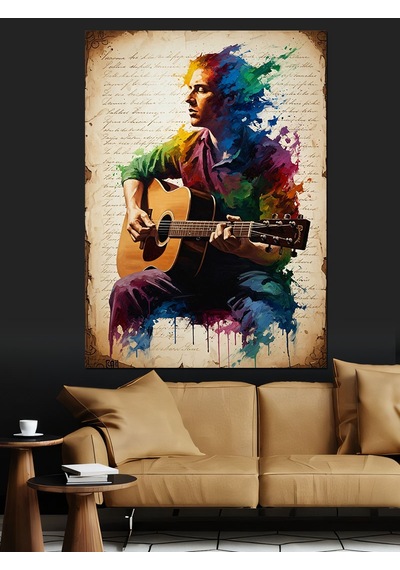 Ahşap Tablo Gitar Çalan Renkli Sanatçı Dekoratif Tablolar
