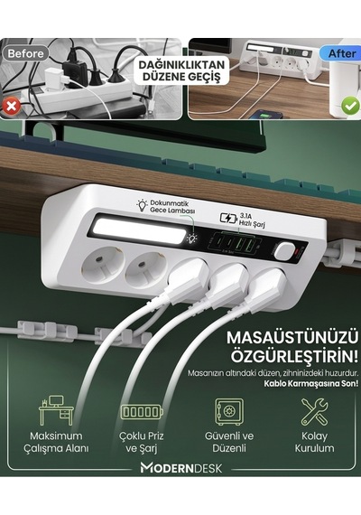 5 Li Akım Korumalı Priz 2500w 2 Usb + 2 Type-c Hızlı Şarj Led Gece Lambalı Dokunmatik Beyaz - 924469238