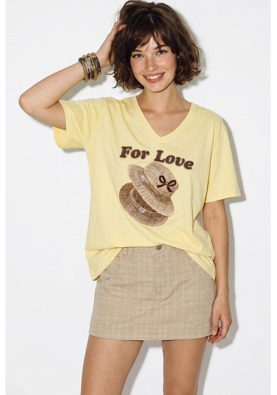 Kadın V Yaka For Love Nakış Ve Boncuk İşlemeli Oversize T-shirt 2240 60286329 - Açık Sarı