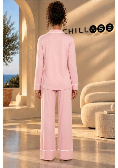 Chıllass Kadın Pamuklu Uzun Kollu Pijama Takımı Önden Düğmeli Pembe Pembe