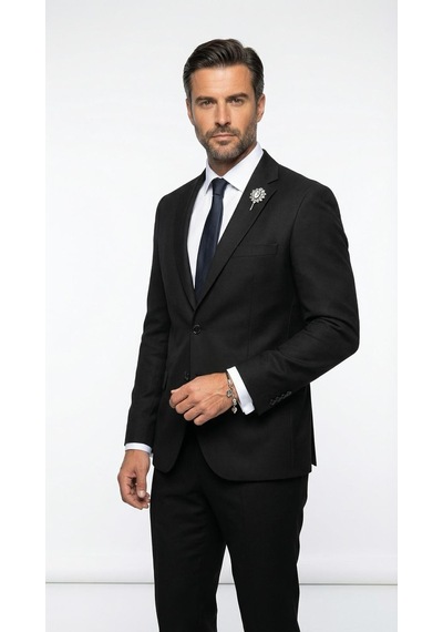 Erkek Slim Fit Klasik Ceket Dokulu Kumaş Modern Kesim Siyah