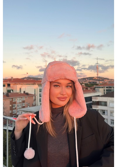 Mollycrush Kadın Pudra Suni Kürk Peluş Tüylü Elit Ponponlu Şapka Bere Pudra