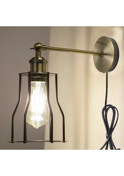 Riolight Vintage2,rustik2,retro2 Eskitme 1xe27 Duylu Kafes Kablolu Fişli Anahtarlı Metal Duvar Aplik Altın - Siyah