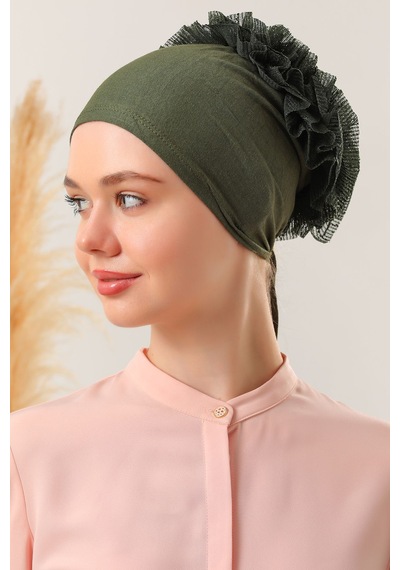 Melodi Scarf Kadın Tesettür 3'lü Fırfırlı Dikişli Topuzlu Dolgulu Dantelli Bone Haki Haki Melodi Scarf Kadın Tesettür 3'lü Fırfırlı Dikişli Topuzlu Dolgulu Dantelli Bone Haki Haki