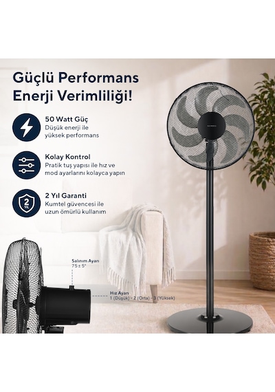 Kumtel Ktf-760 Siyah 16 İnç Ayaklı Vantilatör 50 W,7 Pervaneli,3 Kademeli, 130 Cm Yükseklik