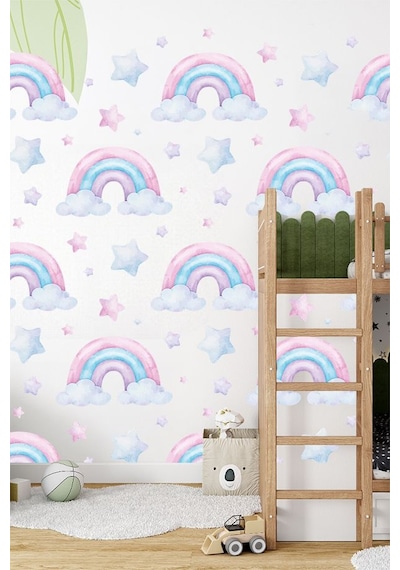 Sevimli Gökkuşağı Temalı 50 Parça Çocuk Ve Bebek Odası Dekoratif Duvar Sticker Seti