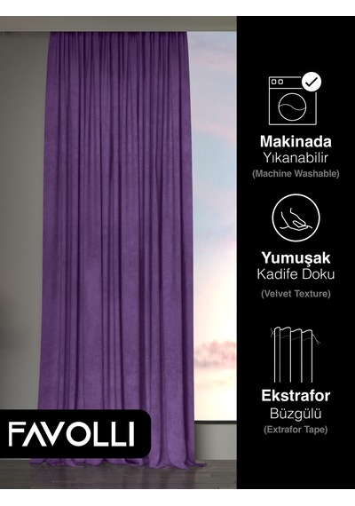 Br Favolli Kadife Dokulu Menekşe Moru Ada Fon Perde Ekstrafor Büzgülü Dream Series Menekşe Moru