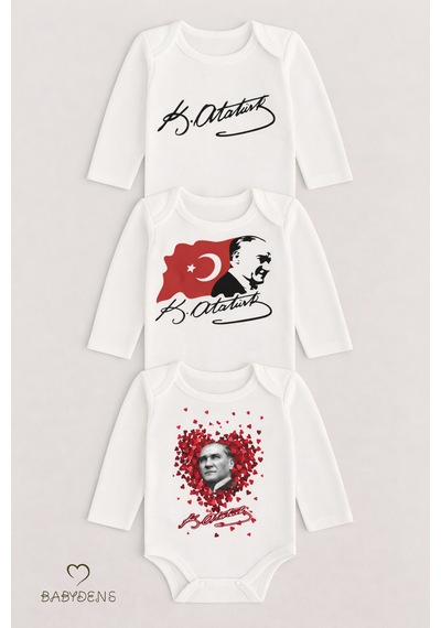Babyden's Atatürk Temalı 3 Lü Bebek Body Seti %100 Pamuk Uzun Kollu Çıtçıtlı Zıbın Body Beyaz