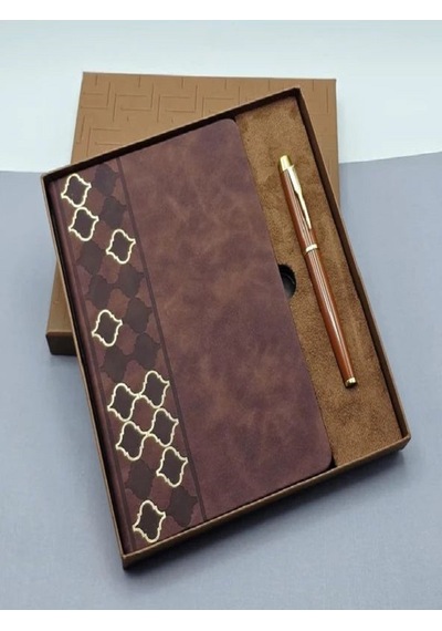 Mobgift Yan Tarafı Mozaik Desenli Deri Defter Kalem Tasarım Kutulu Hediye Seti Kahverengi