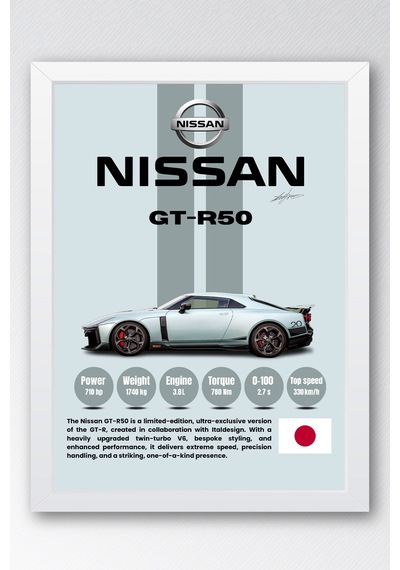 Nissan Gt-r50 Premium Spor Araba Çerçeveli Tablo - Teknik Özellikli Limited Edition Duvar Dekoru Beyaz