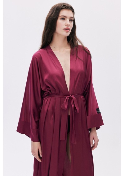 Frappant Bordo Uzun Saten Sabahlık / Kimono Bordo