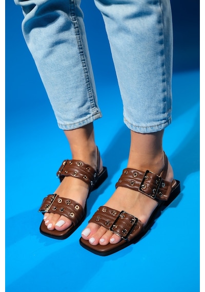 Luvishoes Blob Kahve Cilt Tokalı Kadın Sandalet Kahverengi