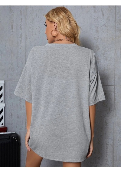 Gri Basic Düz Baskısız Oversize Salas Boyfriend Kadın T-shirt Gri