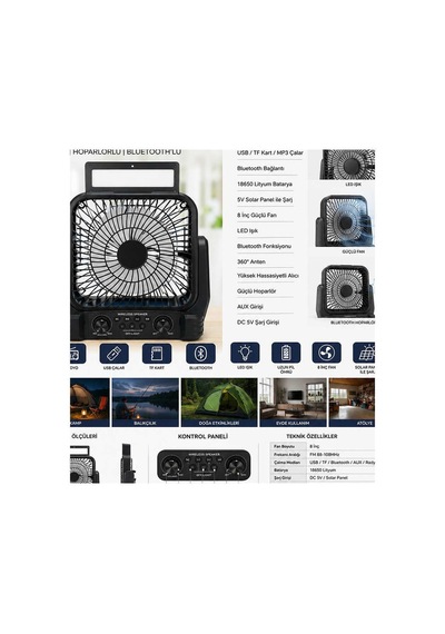 8 İnç Solar Kamp Vantilatörü Fm Radyolu Bluetooth Hoparlörlü Led Işıklı Pd950 Evimdeyokyok