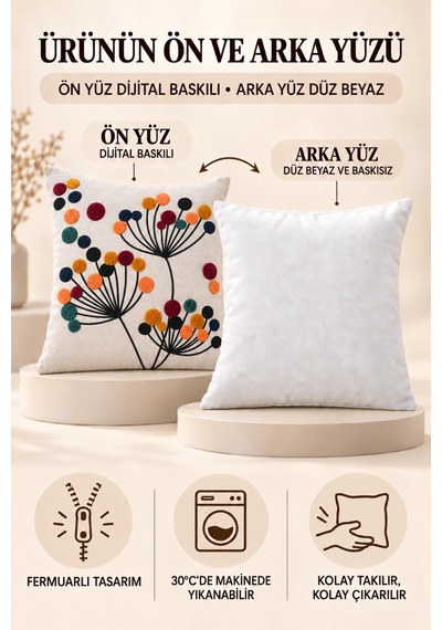 Dijital Baskılı Punch Nakış Desenli Dekoratif Kırlent Kılıfı 1 Adet Çok Renkli4 - 923374105 Çok Renkli4