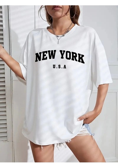 Kadın New York Baskılı Tişort Kısa Kol Bisiklet Yaka T-shirt - Beyaz
