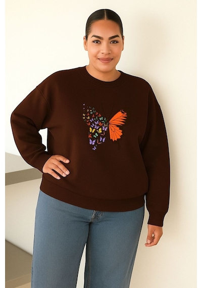 Benroma 3 İplik Penye Kelebek Baskılı Büyük Beden Unisex Sweatshırt Kahverengi