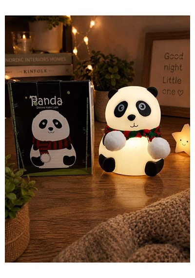 Sevimli Atkılı Panda Gece Lambası Yumuşak Typce Sarjlı 5 Renk Işıklı Çocuk Gece Lambası Beyaz
